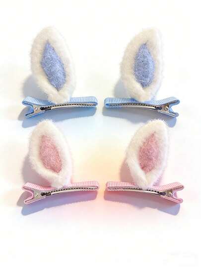 Kawaii Bunny Ears Hair Accessories Set Sweet Blue Pink Ear Hair Clips For Girls Girl Cosplay Party Skincare Daily Wear,Easter Birthday Party Theme Hair Accessories