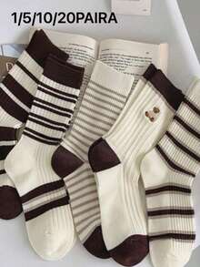 5 Pairs Brown Striped Socks, Mid-Calf Socks For Women, Autumn/Winter - Brown - View 7