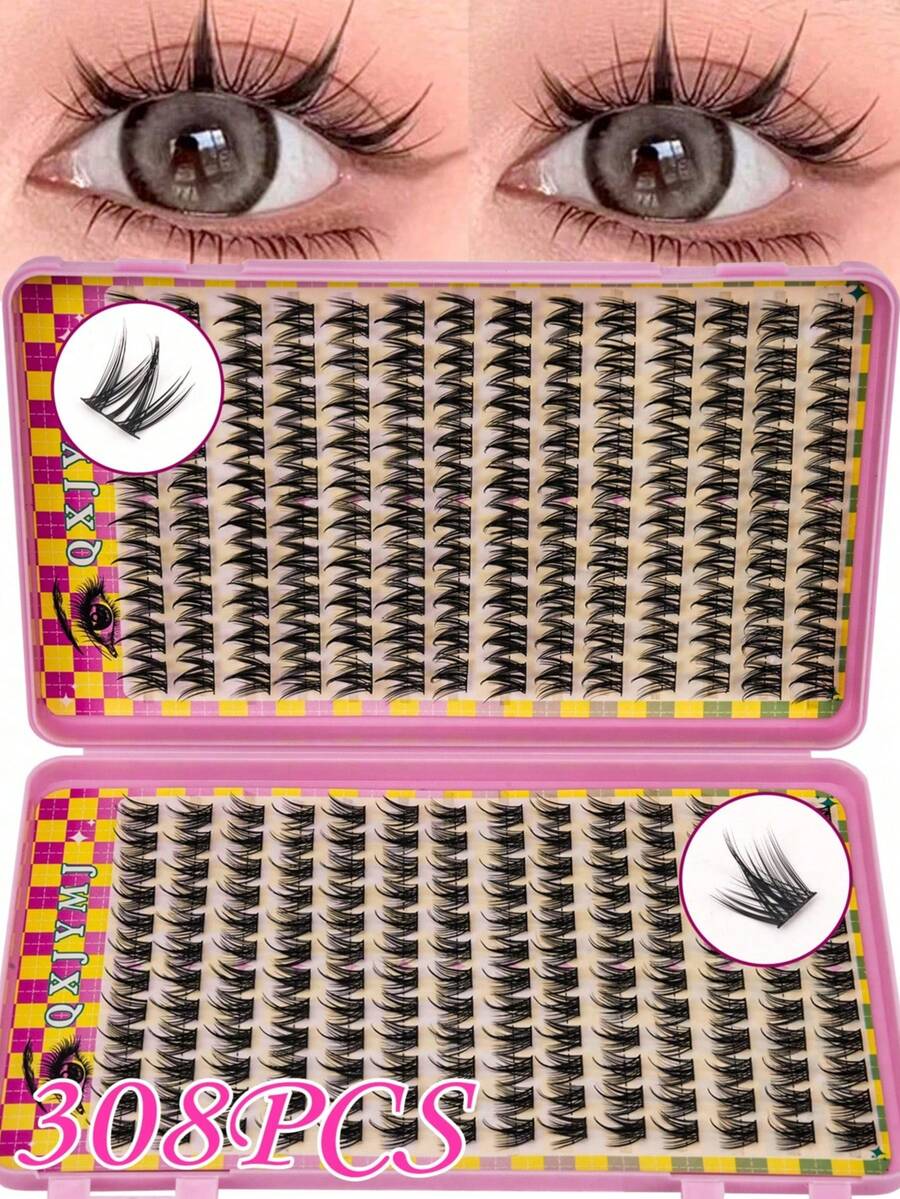 308/252 Pieces Cluster False Eyelashes Eyelash Book 28 Rows DIY Cluster Eyelash Extension Kit Fluffy 2 Styles Mixed Single Eyelash Cluster Segmented Spikes CC Curl Eyelash Extensions Can Make Cat Eye Lashes Look Natural Or Fluffy Volume Dramatic Eyelash Effect - Burnt Orange - View 1