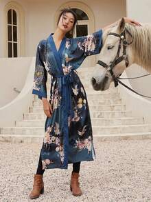 Bohemian Style Printed Mid-Length 3/4 Sleeve Kimono Cover Up Thin Jacket, Women Elegant European And American Street Casual Coverup, Beach Travel Holiday Haori Thin Robe Bathrobe Robe - Blue - View 8