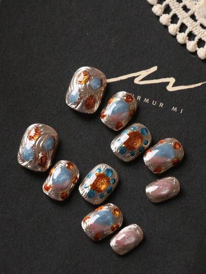 10pcs Press On Nails Short Acrylic Nail Kit Golden Orange Blue Cat's Eye Fake Nails Short Office DailyWear False Nails Artificial Nails Kit Includes 1sheet Adhesive Tabs &1 Pc Mini File