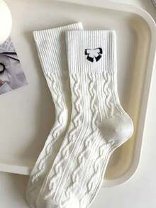 1/5 Pair Women Cute Bow Tie Mid-Calf Socks, Minimalist Japanese Style Twist Pattern Ins Preppy Style Ladies Socks - Multicolor - View 3