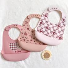 2pcs/1pc Baby Bibs, Soft Silicone Adjustable Waterproof Stain-Resistant Bibs, Heart Leopard, Plaid Heart, Plaid Polka Dot Patterns, Personalized Gifts For Baby Boys And Girls, Suitable For Valentine's Day And All Seasons - Multicolor - View 1