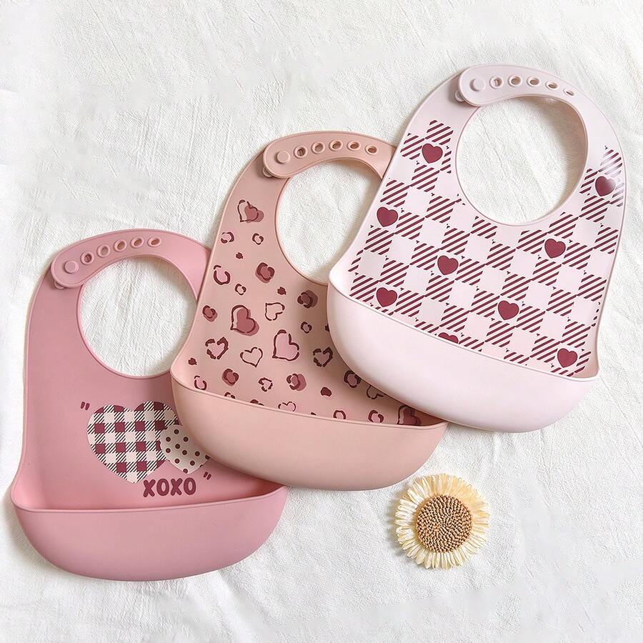 2pcs/1pc Baby Bibs, Soft Silicone Adjustable Waterproof Stain-Resistant Bibs, Heart Leopard, Plaid Heart, Plaid Polka Dot Patterns, Personalized Gifts For Baby Boys And Girls, Suitable For Valentine's Day And All Seasons - Multicolor - View 1
