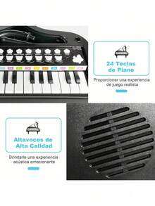 Piano De Juguete Para NiñOs, Teclado De Piano ElectróNico 24 Teclas Con MicróFono, 3 Modos De EnseñAnza, Ritmo Colorido Luminoso, Juguetes De Instrumentos Musicales Regalos Divertido Para NiñO NiñA - Negro - Ver 2