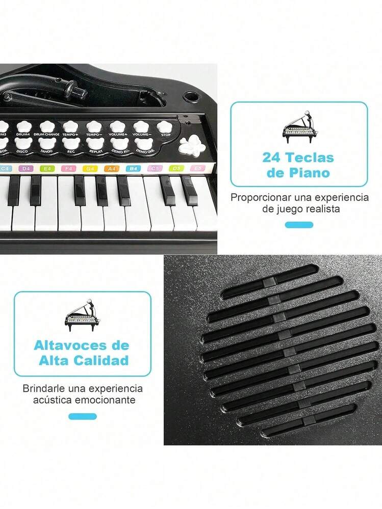 Piano De Juguete Para NiñOs, Teclado De Piano ElectróNico 24 Teclas Con MicróFono, 3 Modos De EnseñAnza, Ritmo Colorido Luminoso, Juguetes De Instrumentos Musicales Regalos Divertido Para NiñO NiñA - Negro - Añade 2