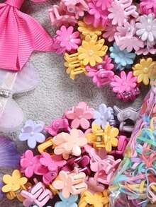 1180件套女童休闲日常上学头饰发夹，发饰套装，包括发圈、发绳、发卡，适合春夏佩戴 - 彩色 - 查看 3