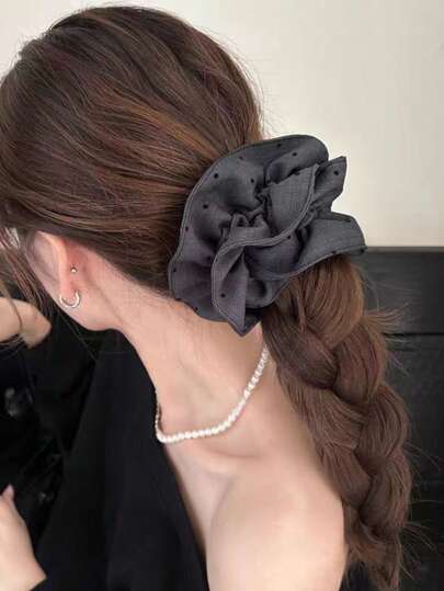 Korean Style Pleated Polka Dot Large Hair Scrunchies, Cute Slouchy Oversized Bun Holder, Ponytail Elastic Hair Ties