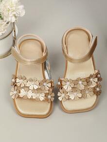 1 paire de sandales simples et classiques pour fillettes avec décoration de fleurs, perles et nœuds, style princesse. Chaussures plates pour enfants, adaptées pour le printemps/l'été/l'automne - Doré - Voir 4