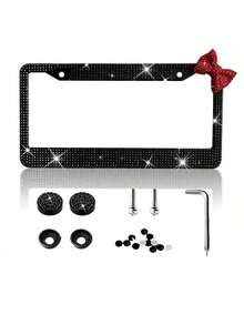 1 Shiny License Plate Frame, Set With Hand-Set Acrylic Crystal, Cute Bow Tie Decoration, Stainless Steel Frame, Firmly Fixed, Upgrade Your Car With Stylish Shiny Butterfly License Plate Frame Christmas Gift Girl - A - View 13