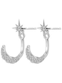 Minimalist Zirconia Moon & Star Dual-Wear Earrings, Petite & Fashionable Earrings With Luxurious Vibe, Suitable For Outings, Gatherings, Parties, New Year, Valentine's Day, Mother's Day, Ramadan, And Various Festivals - Silver - View 3