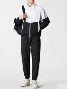 Men's Fashionable Casual Colorblock Tracksuit - Polyester Hooded Jacket And Pants, Machine Washable Sports - Black - View 3
