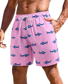 7inch Mens Swim Trunks: 2 In 1 With Compression Liner Stretch Quick Dry Drawstring Shark Pockets Beach Pool VacationA Valentine's Day 976M - Pink Bottom Blue Shark - View 7