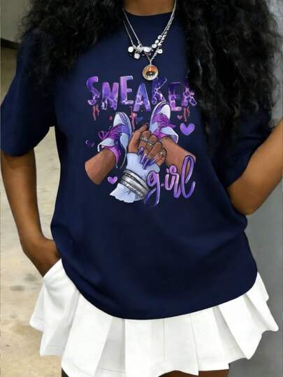 Tween Girls' Printed Short Sleeve T-Shirt, Student & Young Casual Tops For Summer Play