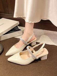Women's Pointed Toe Chunky Heel Pumps, New Spring/Summer Rhinestone Peep Toe Elegant High Heels - Beige - View 3