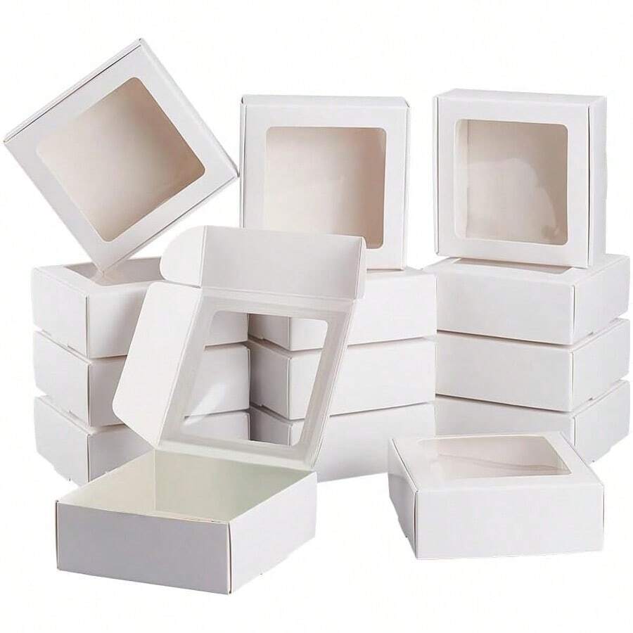 24pcs White Paper Boxes With Clear Window, (3.74x3.74x1.57 Inches) Gift Packaging Boxes, Suitable For Baking Cookies, Cakes, Candies, Weddings, Parties, Mother's Day Holiday Gifts - White - View 1