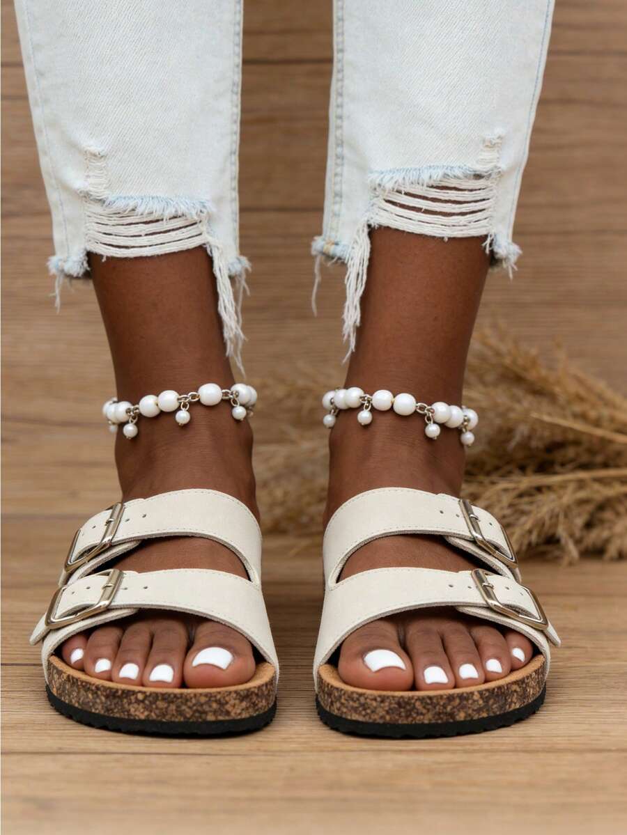 Women's Spring/Autumn Slip-On Cork Textured Thick Sole Flat Sandals, Non-Slip Buckle Closure, Solid Color With Stitching, Casual Flat Slippers - Beige - View 1