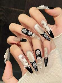 10 miếng dán móng tay thủ công hình hoa mắt mèo màu tím nhọn, thích hợp cho các bữa tiệc và sử dụng hàng ngày. - màu đen - Xem 4