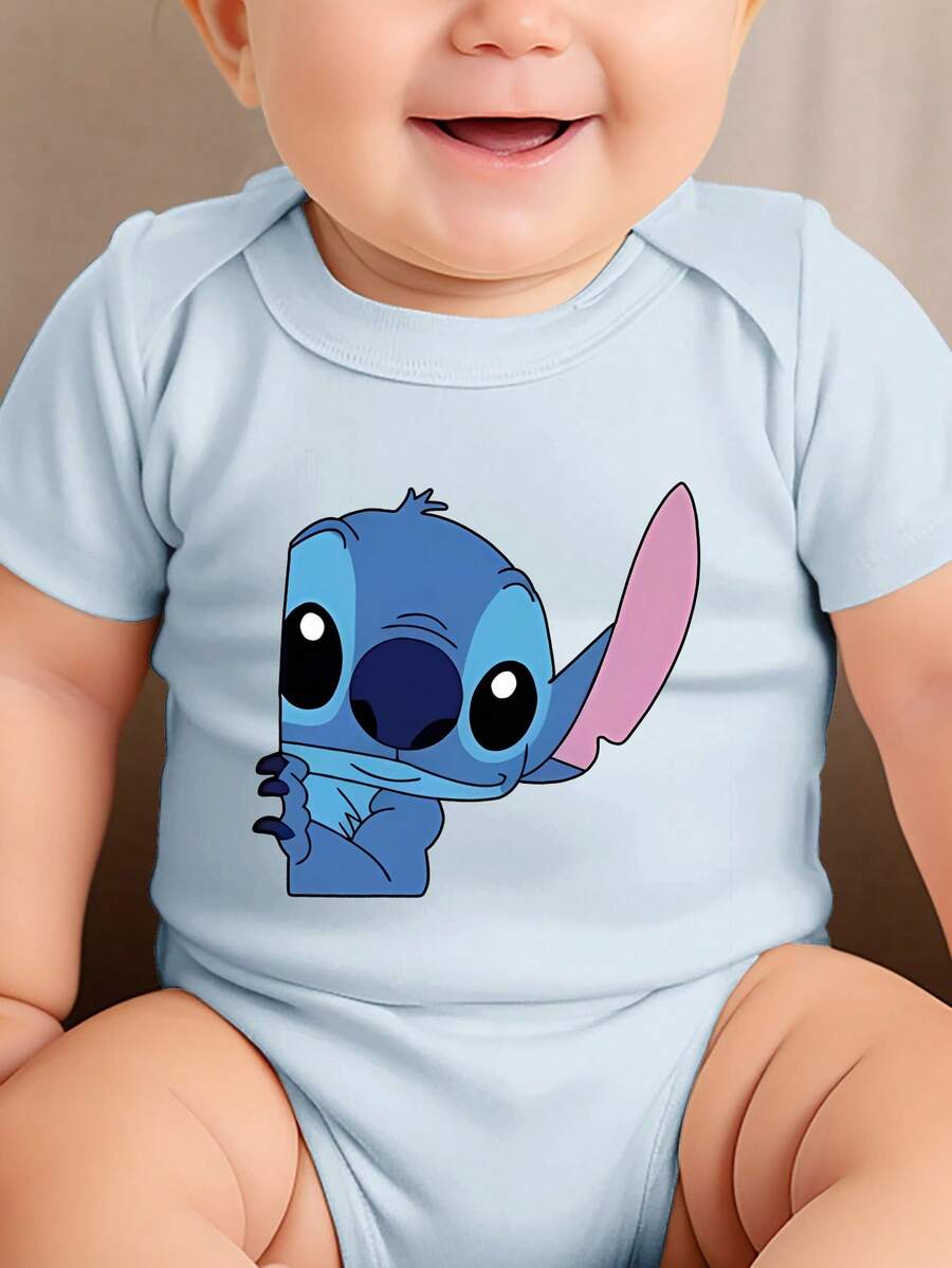 Disney Baby Clothing, Newborn - Unisex - Disney Stitch Creative Cartoon Print - Crawling And Toddling Stage Set - Summer Outdoor Casual Crewneck Crawling Coverall With Triangle Hem Design - Summer Essential Item - Fun-Filled - Adorably Cute - Perfect Holiday Gift For Infants And Toddlers - 淺藍色 - 查看 1