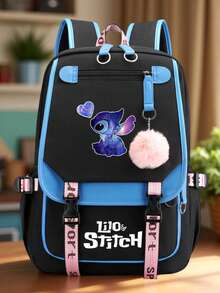 Stitch Student Backpack, Classic Cartoon Print Backpack - Cute Blue And Pink Zipper Closure, Laptop Compartment, Durable Polyester Material, Lightweight And Fashionable, Suitable For Commuting And Back To School Essentials, Padded Shoulder Straps With Safety Zipper Closure, Travel Daypack, Interesting Design, Sturdy Construction - Multicolor - View 1