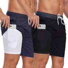 Mens Swim Trunks With Compression Liner Inch Inseam Quick Dry 2 In 1 Beach Board Shorts With Pockets S-3XLA Valentine's Day 9FML - 兩件裝(黑色和藏青色) - 查看 1