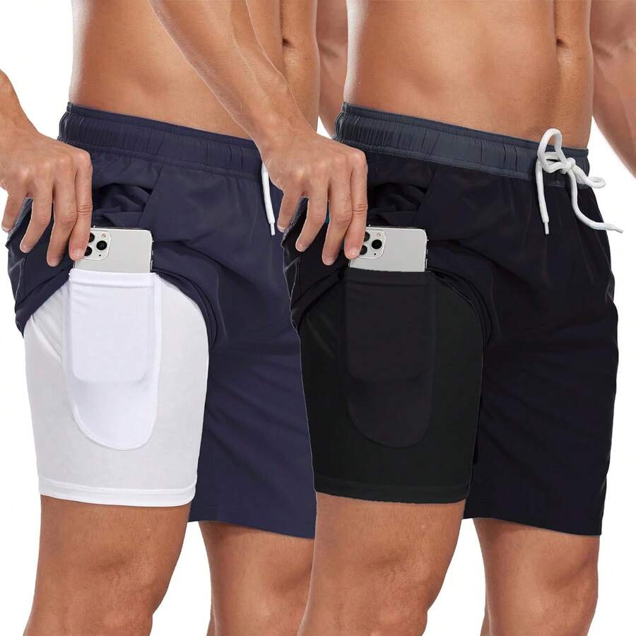 Mens Swim Trunks With Compression Liner Inch Inseam Quick Dry 2 In 1 Beach Board Shorts With Pockets S-3XLA Valentine's Day 9FML - 兩件裝(黑色和藏青色) - 查看 1