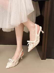 Women's White Lace Bow Backless High Heel Shoes, Pointed Toe Kitten Heel Wedding Party Shoes - White - View 2