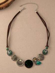 1pc Vintage Western Boho Luxury Floral Textured Pendant Necklace For Women - màu xanh lá - Xem 4