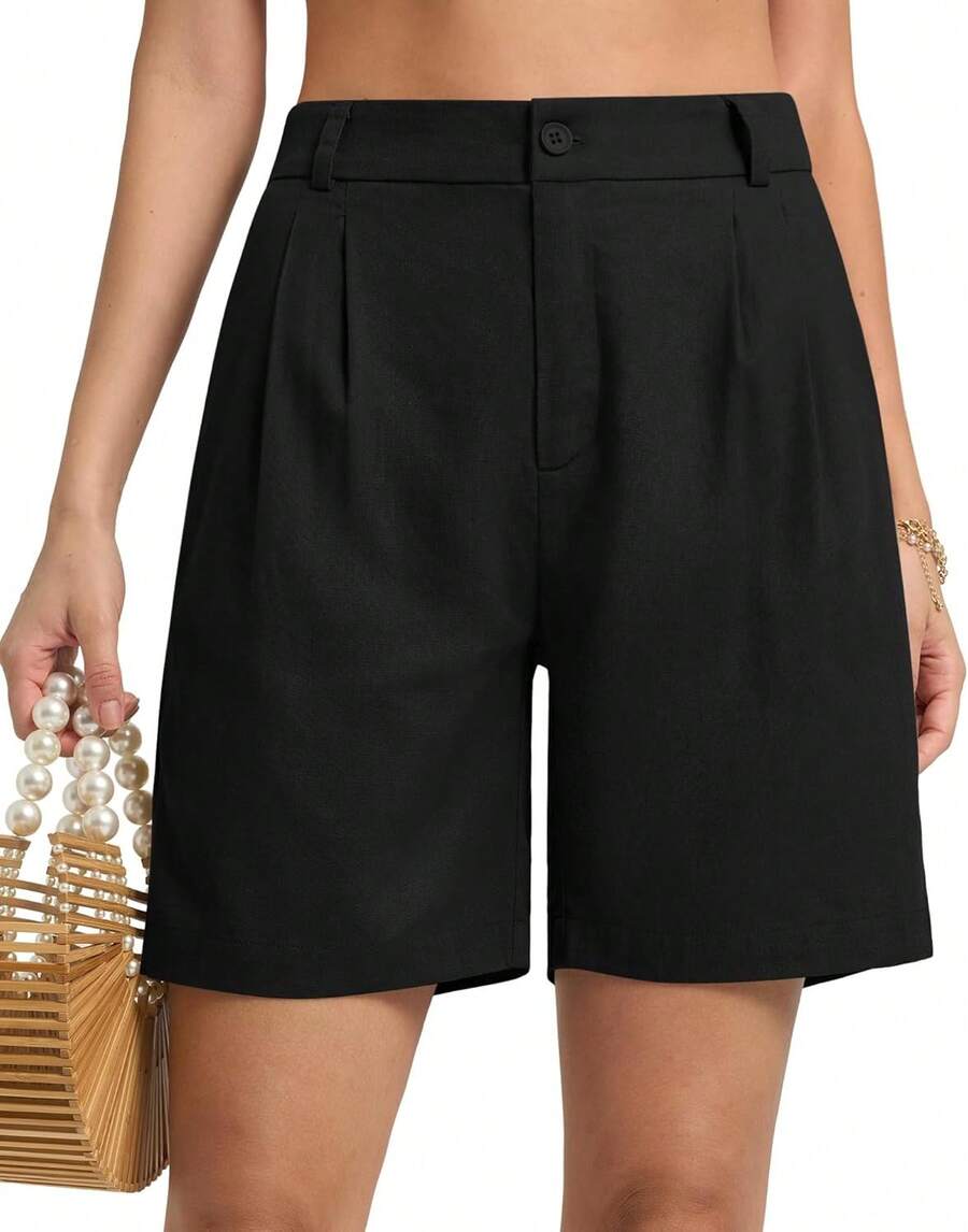 Women's Linen Shorts Dress Casual Wide Leg Summer Pleated Shorts High Waisted With Pockets 10A Valentine's Day 125J - 黑色 - 查看 1