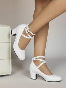 2026 Women's Solid Color Minimalist American Style Woven Vacation Slip-On Lace-Up Mary Jane High Heel Round Toe Party Pumps - 白色 - 查看 5