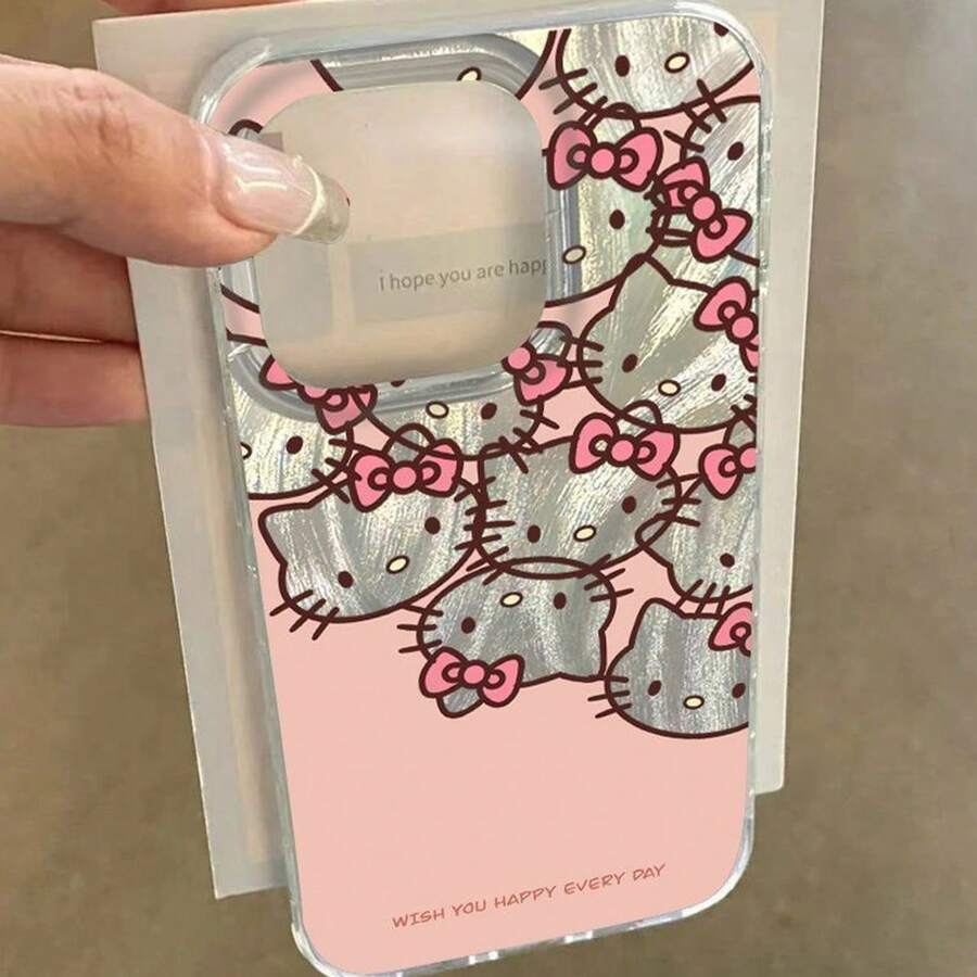 Sanrio新款羽毛雪纺粉色背景Hello Kitty蝴蝶结可爱猫咪手机壳，兼容 17 Pro Max、16 Pro Max、15 Pro、14、13、12、11，时尚卡通小众非主流设计 - 彩色 - 查看 1