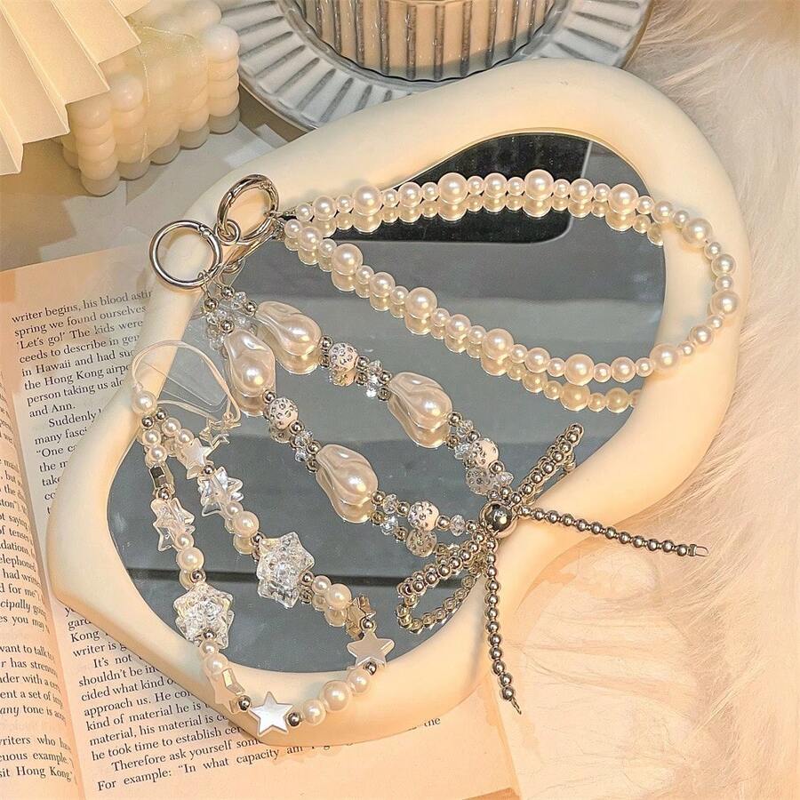 1pc Rhinestone & Pearl Beaded Phone Lanyard, Compatible With Apple, And Other Smartphone Cases, Unique Design - Multicolor - View 1