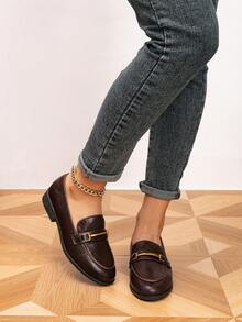 女士乐福鞋，圆头金属扣平底乐福鞋，户外复古平底一脚蹬鞋，女士休闲鞋 - 巧克力棕 - 查看 4