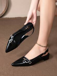 Sandalias de tacón alto de unicolor con hebilla, adecuadas para ir al trabajo, vacaciones, fiestas, oficina, hogar, exteriores, primavera, verano, otoño - Negro - Ver 2