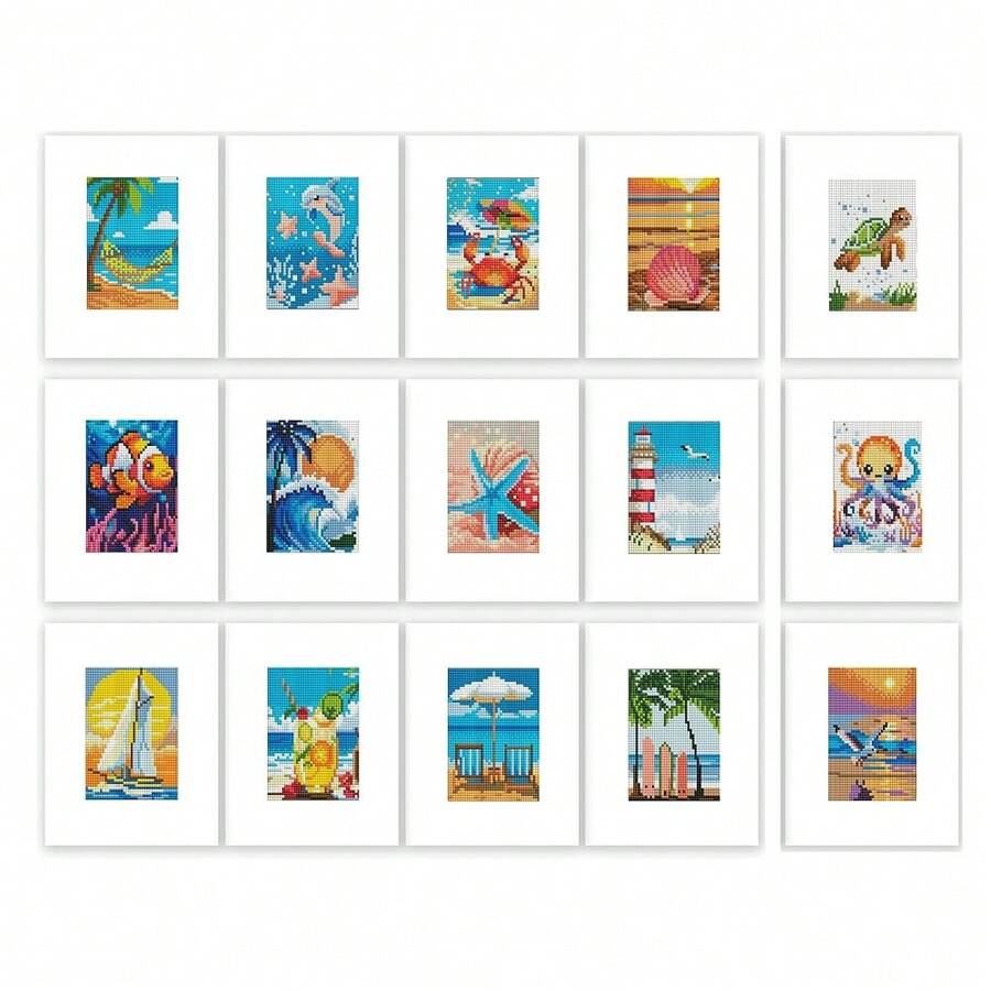 15 Packs Diamond Art Kits For Adults, Small Diamond Painting Projects Full Square Drill Gem Art Kits, DIY 5D Paint With Diamond Dots Crafts With Tools,Sea Beach Wall Decor Gift For Beginners 4x5inch - 海灘 - 查看 1