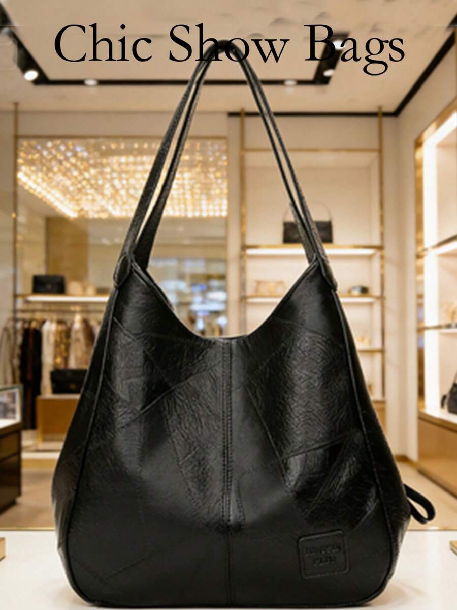 Bolso de hombro tipo cubo para mujer, bolso de mano de gran capacidad de moda minimalista, bolso de hombro de piel sintética suave, bolso con cremallera - Negro - Ver 1