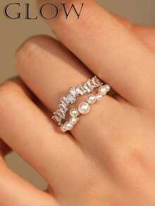 1pc Luxury Exquisite Niche High-End Copper Material Full Diamond Faux Pearl Ring, Suitable For Young Girls, Valentine's Day, Daily Wear, Festivals - Silver - View 2