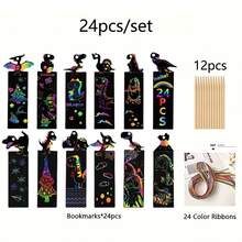 24/48件装魔法彩色刮刮书签制作手工套装，DIY彩虹刮刮纸书签，含刮刮工具和丝带，适合儿童、学生、派对礼物、课堂活动 - 黑色 - 查看 6