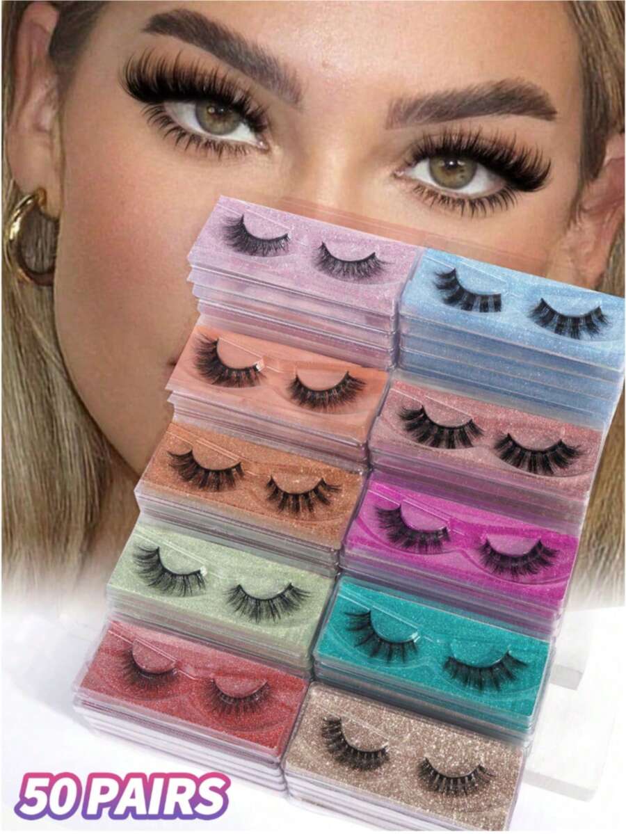 50/20对混合款假睫毛，盒装，自然交叉浓密假睫毛，独立盒装猫眼假睫毛，仿貂毛假睫毛，交叉长纤维假睫毛，浓密卷翘假睫毛，适合派对、卡通风格假睫毛，自然纤细卷翘，放大双眼，旅行必备，海滩度假、露营、婚礼、派对，女士礼物 - 黑色 - 查看 1