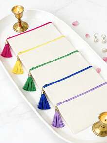 1/5/10/20pcs Elegant Portable Beige Canvas Jewelry Organizer Pouch With Colorful Tassel Decor (2 Styles, 10 Colors Available), Boho Style Tassel Makeup Bag, Reusable Canvas Zipper Pouch For Daily Use, Shopping, Travel, Gym - Beige - View 4