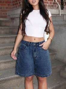 Women's Fashion Cotton Blend Solid Color Knee-Length Denim Shorts, Casual Retro Style, Suitable For All Seasons - 中等水洗藍 - 查看 4