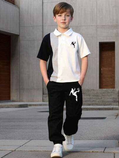 Conjunto de camisa tipo polo con estampado de dibujos animados y pantalones para niño preadolescente