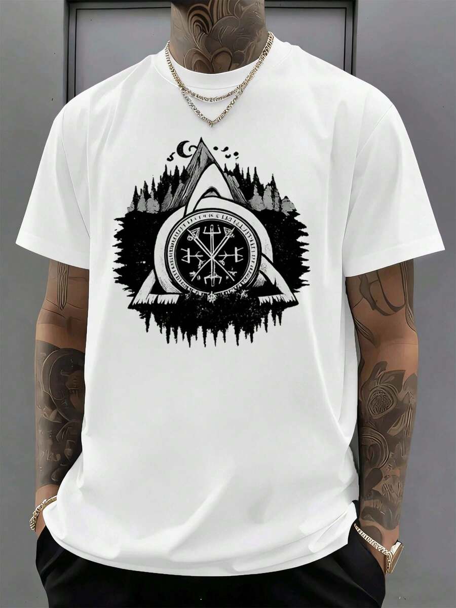 Viking Compass Outdoor Nature Graphic T-Shirt, 100% Cotton, Relaxed Fit, Casual, Art Print - White - View 1