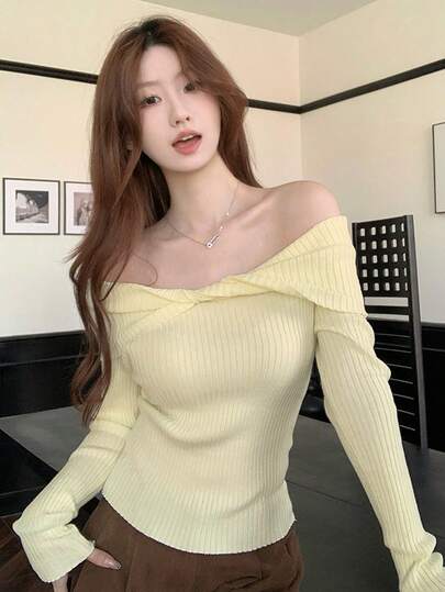 Women's Asymmetrical Collar Short Fitted Knit Sweater Top, Warm For Autumn/Winter