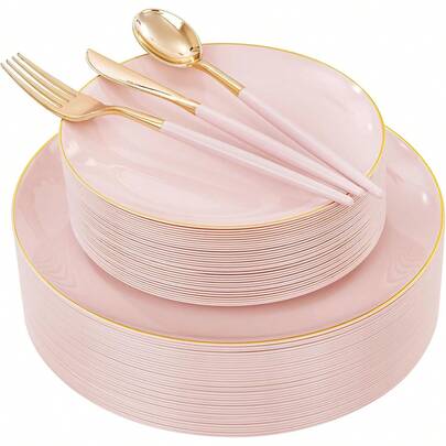 50/25/12/2pcs Dinnerware Set, Pink Base With Gold Rim, Includes Dinner Plates, Salad Plates, Dessert Plates And Washable Salad Bowls, Easy To Clean. Suitable For Wedding Decor, Christmas Decor, Birthday Party, Family Gathering, Outdoor Team Building, School, Restaurant And Kitchen Party, Also An Ideal Home/School Holiday Gift