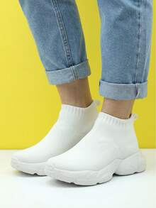 Women's All Black High-Top Cushioned Casual Sports Shoes, Knit Sock Shoes, Slip-On Dance Shoes - White - View 6