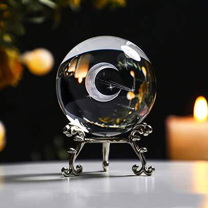 1pc, 60mm Meteor Moon Carved 3D Crystal Ball Decor, Home Decoration Halloween Party Gift, Halloween Decor, Birthday & Graduation Ceremony Decor (Metal Stand Not Included) (Random Style)