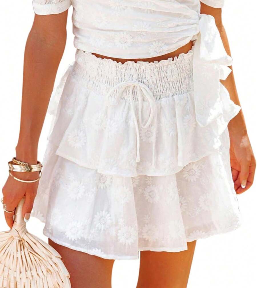 Flowy Shorts Women Casual Boho Ruffle Tiered Skorts Lace Skirts Coastal Country Concert Vacation Beach OutfitsA Valentine's Day PAQB - A White - 查看 1