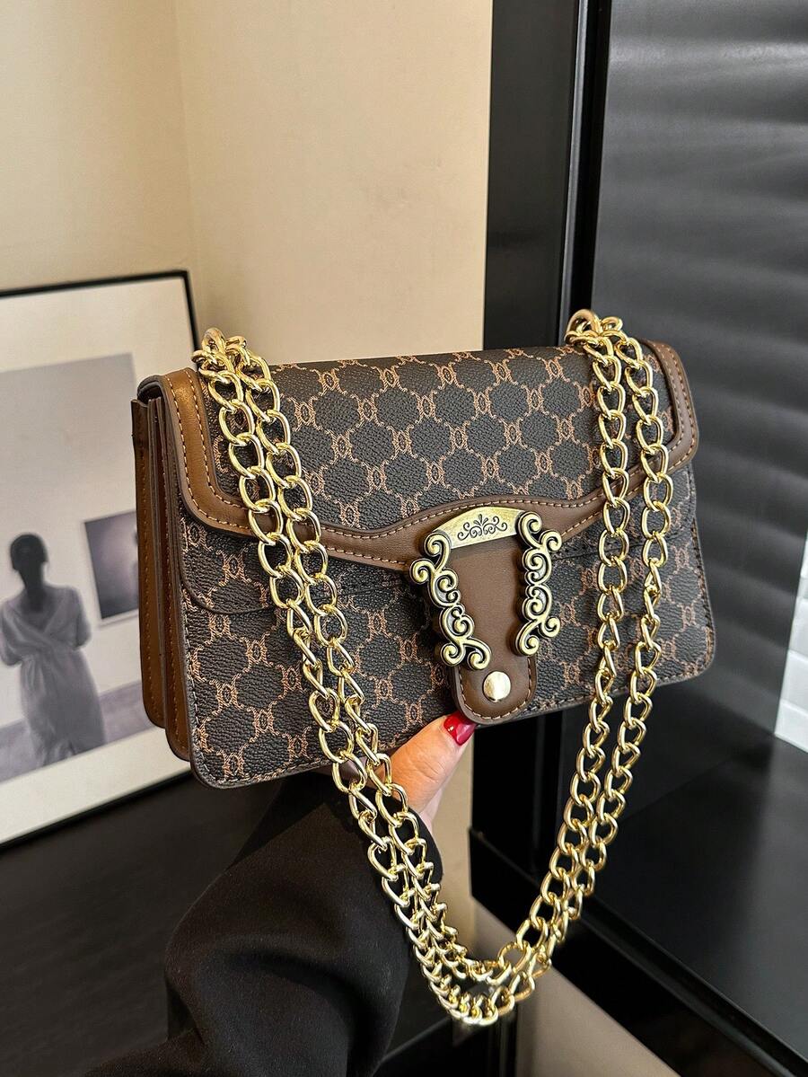 Retro Chic Niche One Shoulder Diagonal Underarm Buckle Floral Print Commuter Stylish Elegant High-End Small Square Bag - Brown - View 1