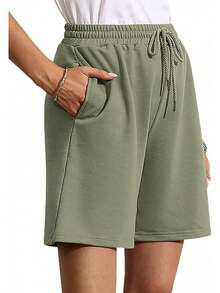 Quenteen Women's Sweat Shorts Bermuda Long Shorts Athletic Casual Loose Cotton Shorts (Available In Plus Size)A Valentine's Day 46QM - Sage Green - 查看 8